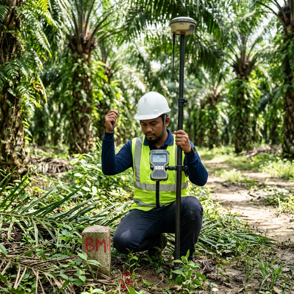 Juruukur menggunakan RTK GNSS GPS untuk cari sempadan
